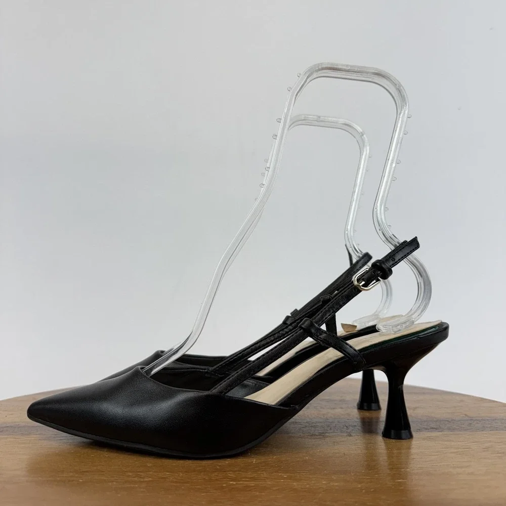 Womens Nine West Rowen Black Faux Leather Slingback Kitten Heeled Mules Size 7.5